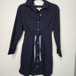 1901 Nordstrom Womens XS Navy Blue Cinched Waist Long Sleeve Buttom Up Dress Tie